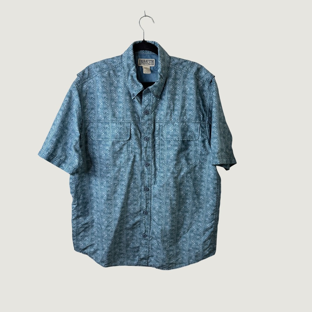 Duluth Trading Co Mens Large Blue Geometric Utility Shirt Preppy Fishing Outdoor